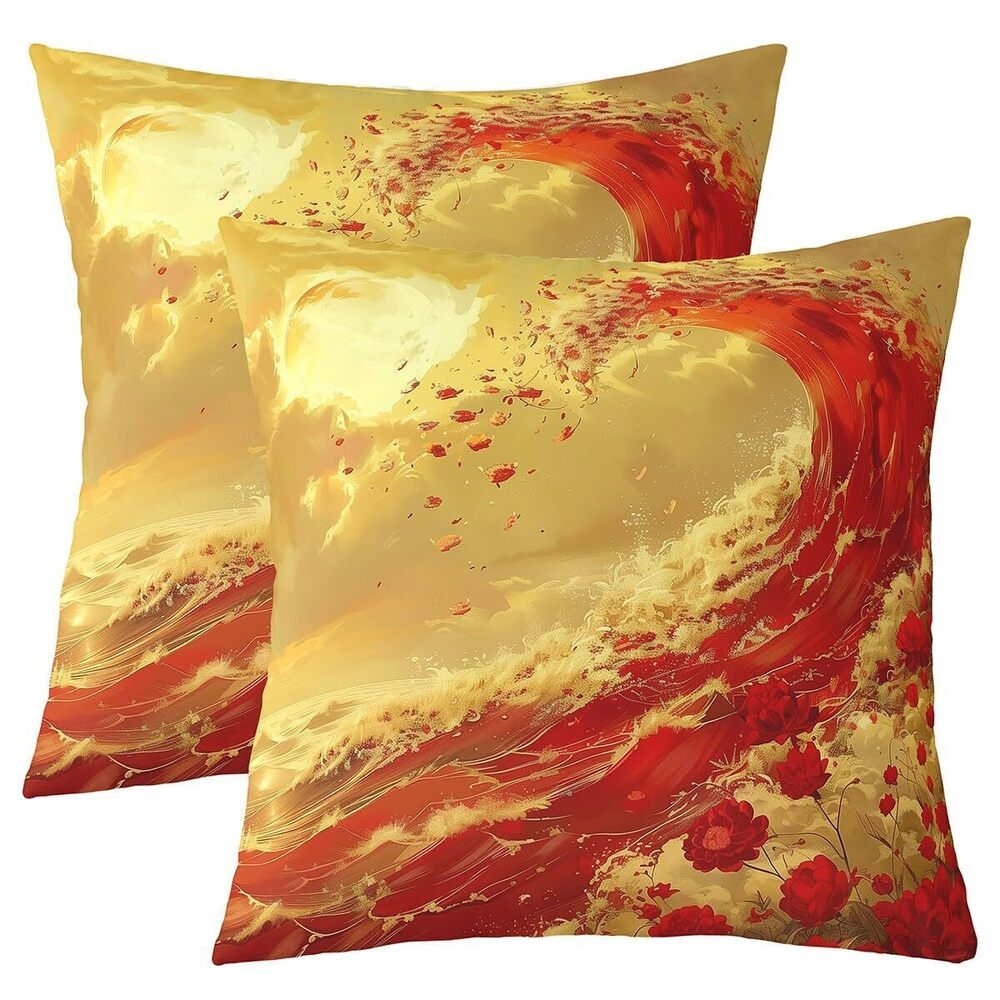 7228 Japanese Wave Throw Pillow Covers 20 x 20-Inch Kids Golden Red Ocean